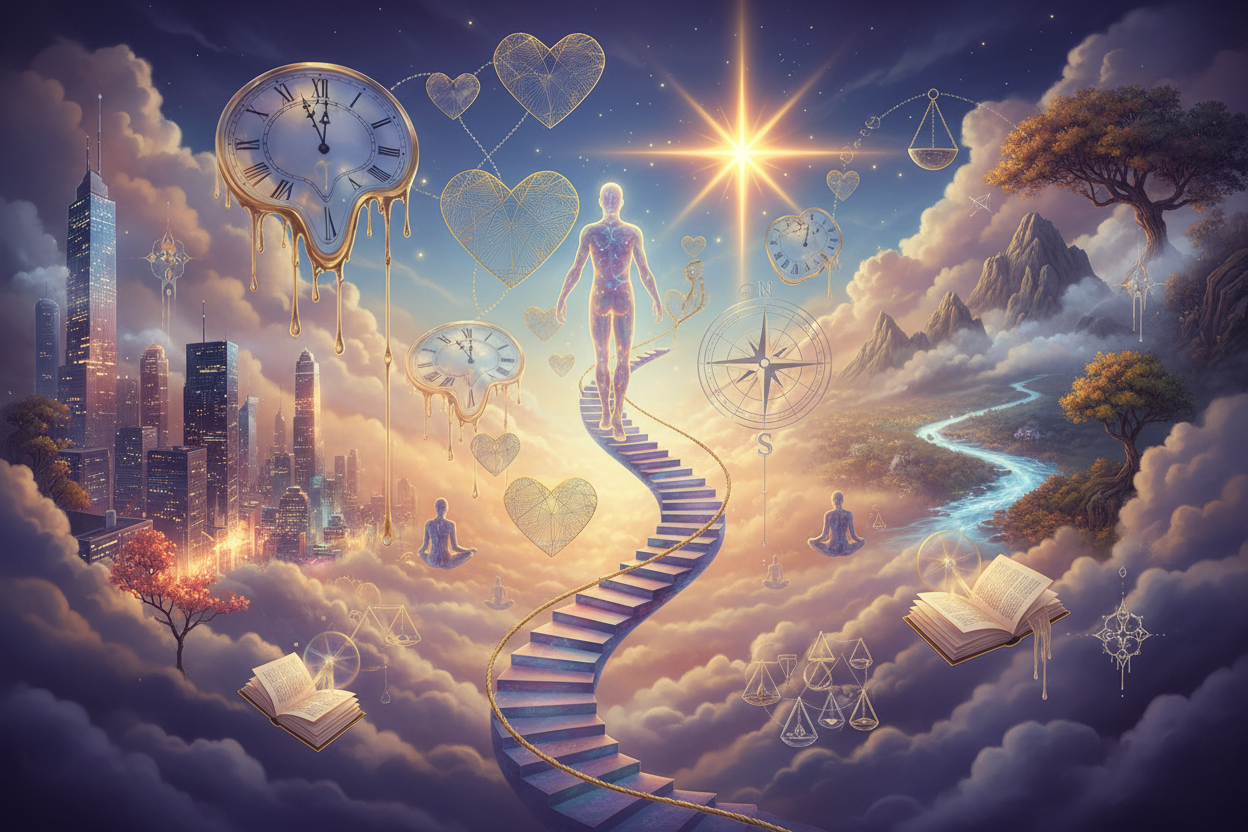 Surreal landscape with a staircase leading to the sky, cityscape, and celestial elements.