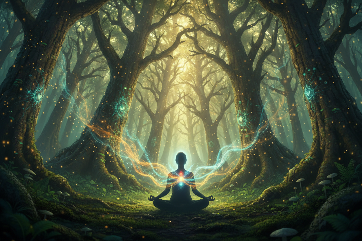 Person meditating in a mystical forest with glowing elements