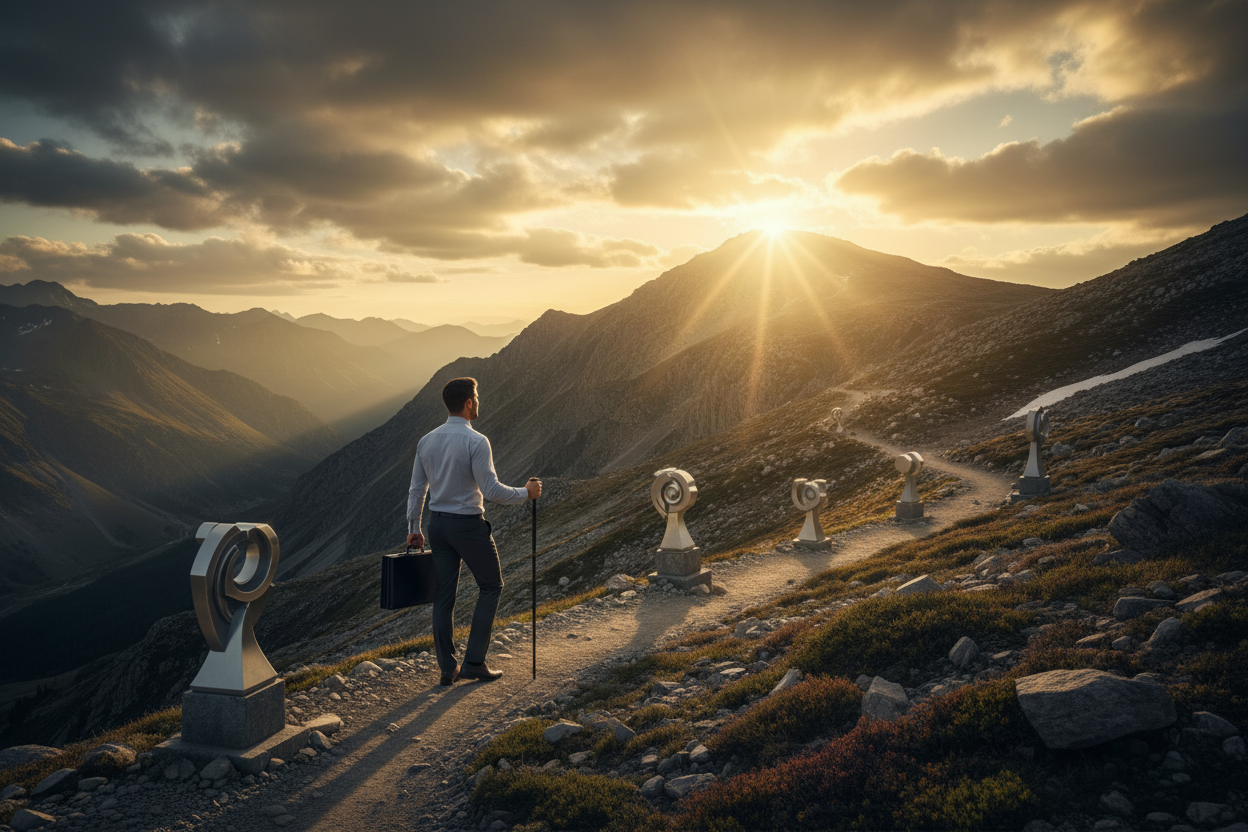 Man with a suitcase and walking stick standing on a mountain path at sunset.